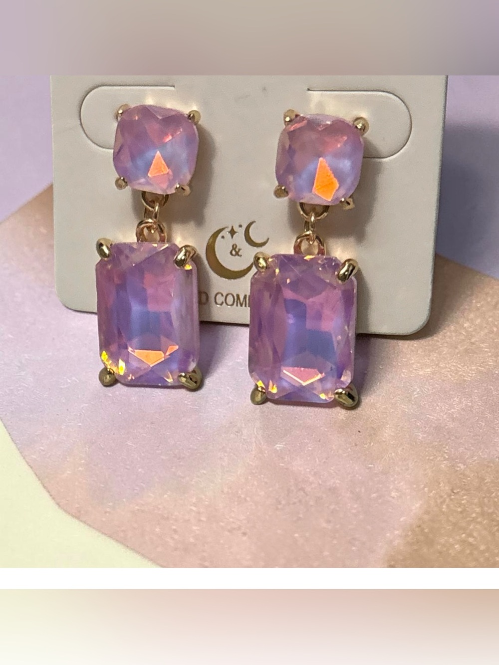 Lilac Square 2 Link Cushion Cut Glass Drop Gold Earrings